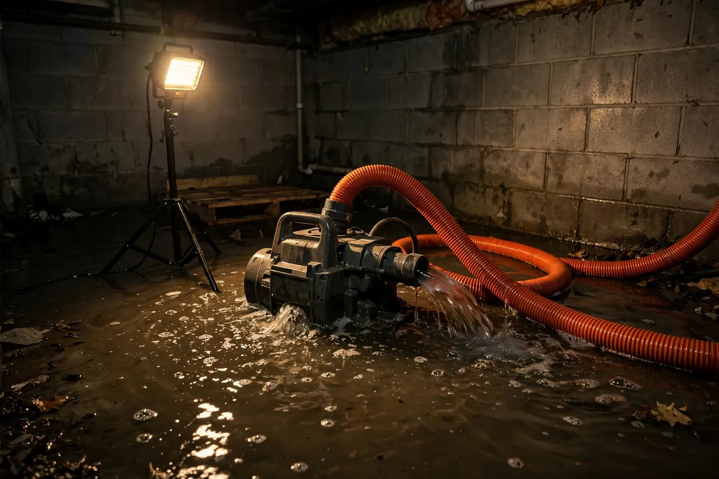 Industrial pump removing floodwater from a Greenville basement during flood damage cleanup