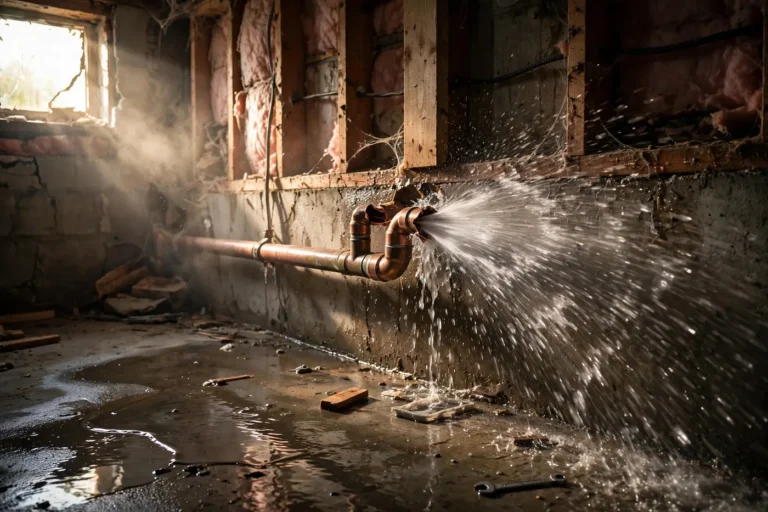 Water spraying from a burst pipe in a Greenville SC basement