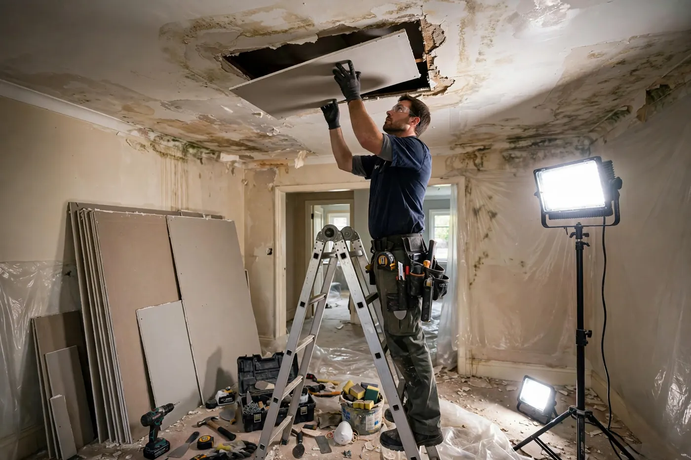Ceiling repair after water damage restoration in Greenville SC