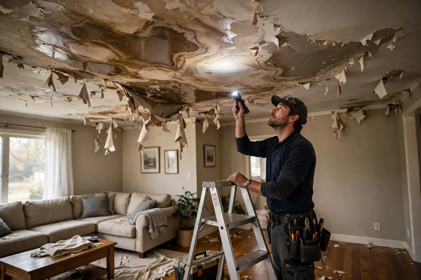 Ceiling water damage from roof leak in Fountain Inn SC home