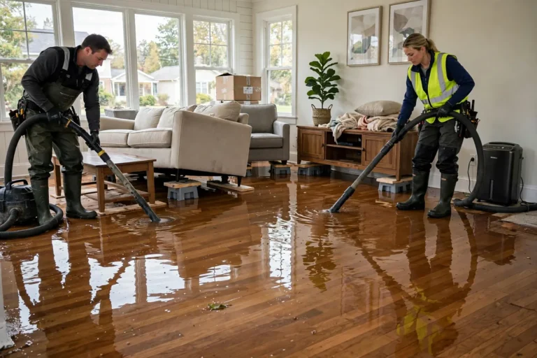 Technicians performing flood damage cleanup in a flooded Greenville SC living room