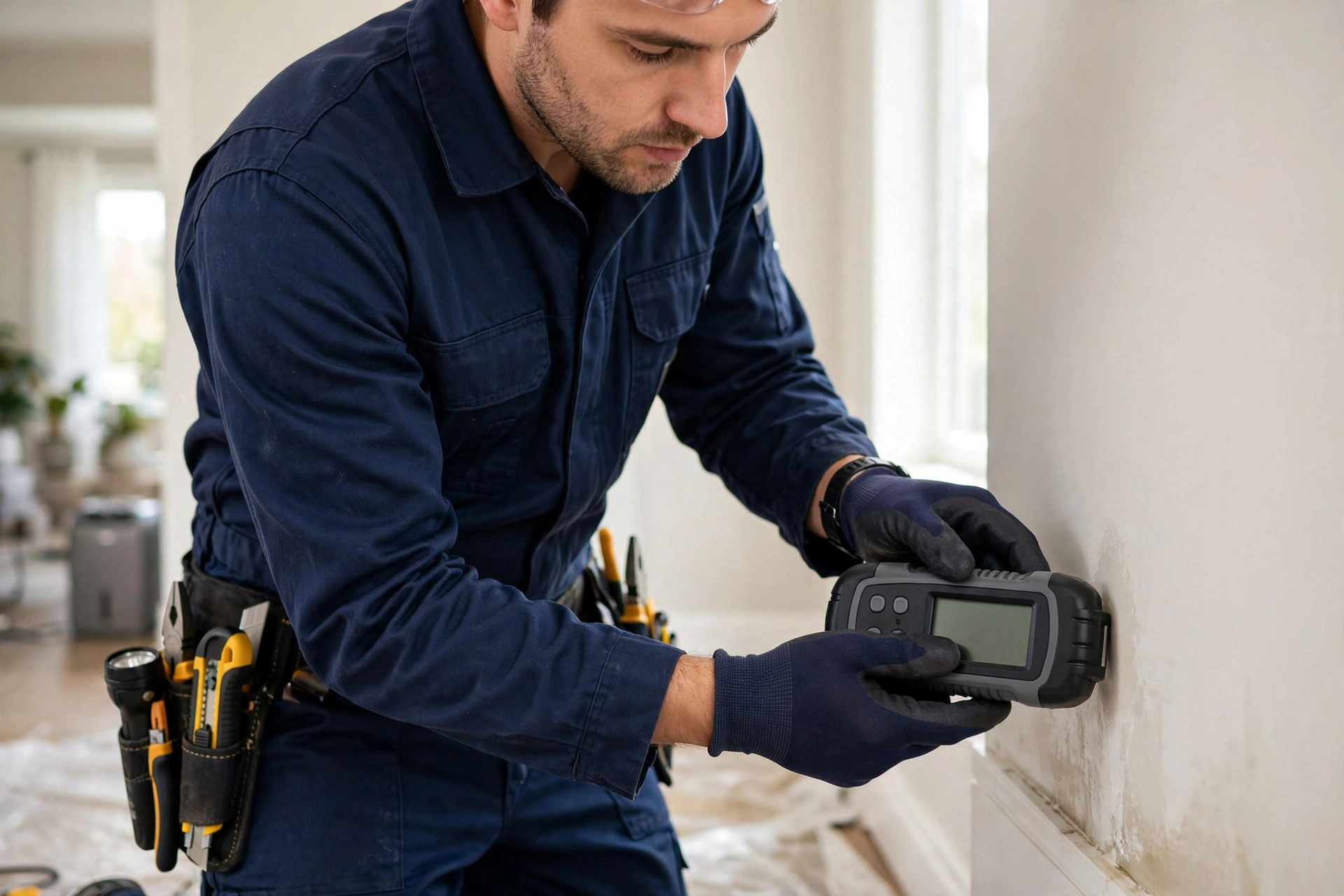 Technician inspecting wall with moisture meter